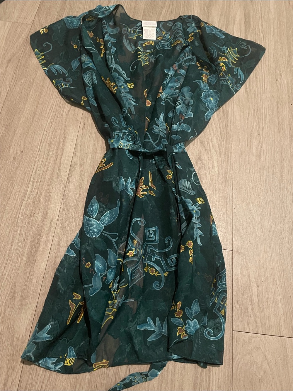 Secret Treasures Dark Teal Floral Wrap Robe with Gold Accents